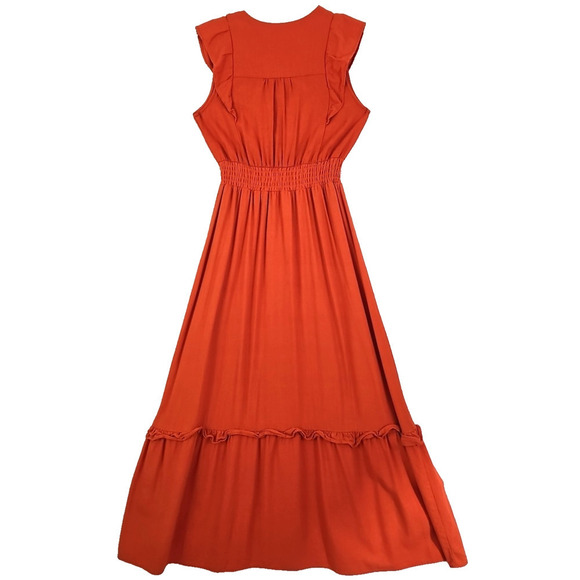 Monteau Los Angeles ~Woman Size M~ Orange Linen Blend V Neck Ruffle Maxi Dress. - Picture 3 of 15